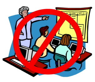 drawing of a computer training session crossed out to indicate no need for formal training