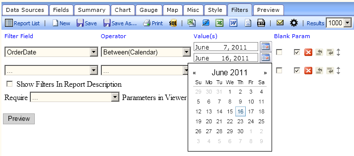 calendar controls in Izenda Reports interface