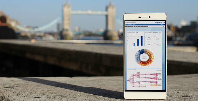 a cellphone displays Izenda ad-hoc BI software charts and drill downs, with London in the background
