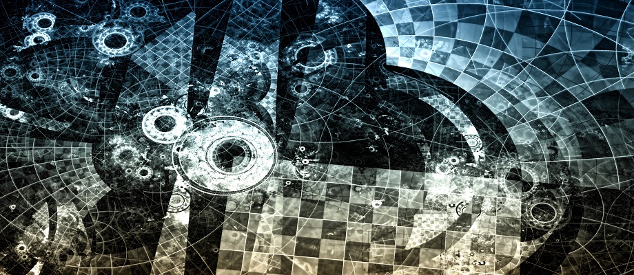Abstract computer-generated image with grid and circles, reminiscent of the gear or parts of the futuristic mechanism
