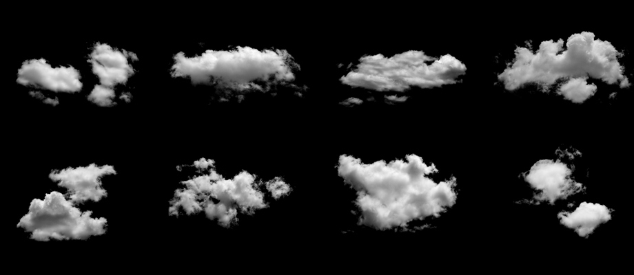 eight clouds against a black background